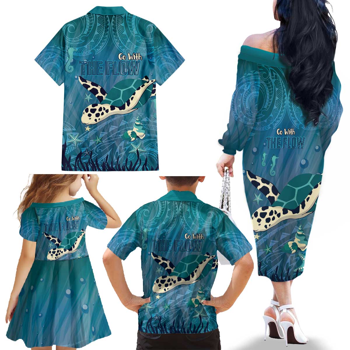 World Sea Turtle Day Polynesia Family Matching Off The Shoulder Long Sleeve Dress and Hawaiian Shirt Go With The Flow LT14 - Polynesian Pride