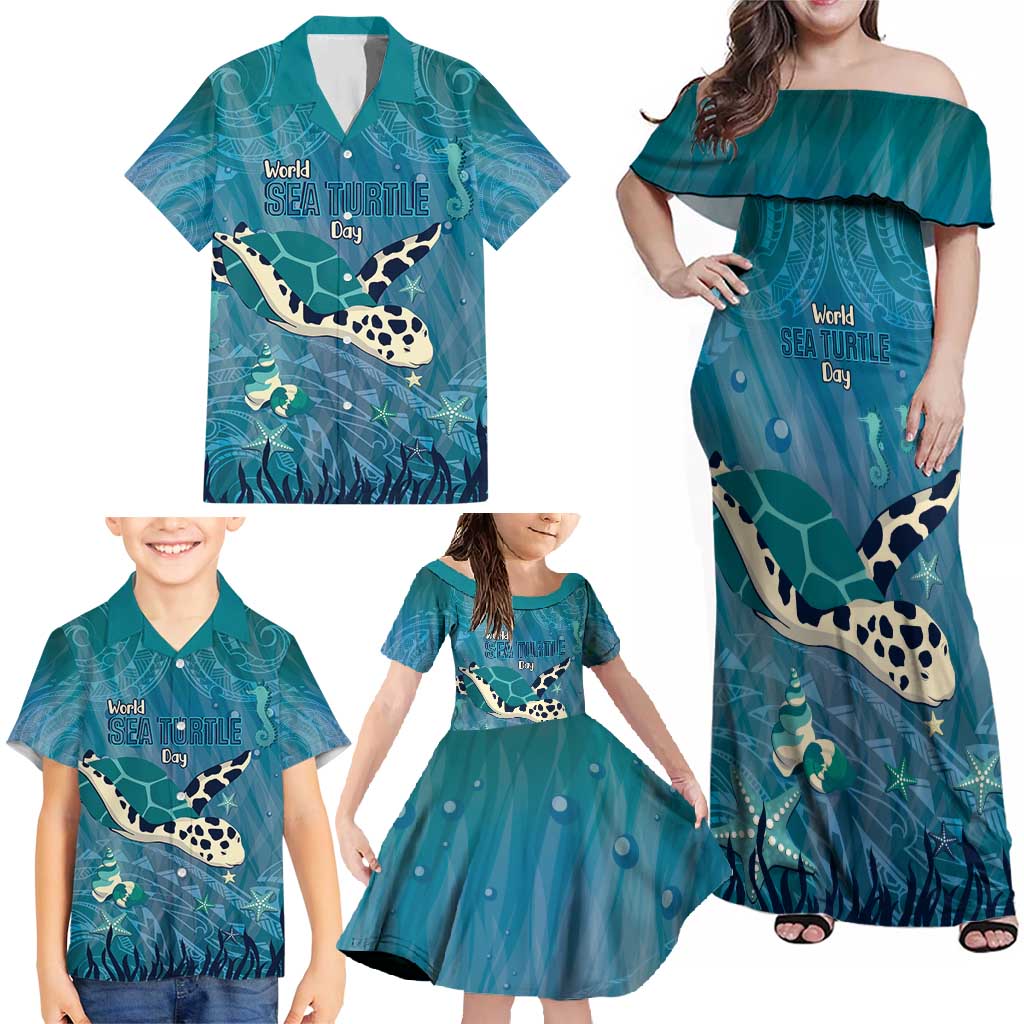 World Sea Turtle Day Polynesia Family Matching Off Shoulder Maxi Dress and Hawaiian Shirt Go With The Flow LT14 - Polynesian Pride