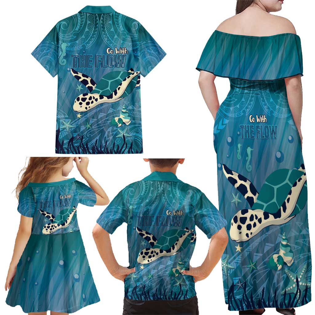 World Sea Turtle Day Polynesia Family Matching Off Shoulder Maxi Dress and Hawaiian Shirt Go With The Flow LT14 - Polynesian Pride
