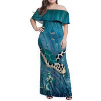 World Sea Turtle Day Polynesia Family Matching Off Shoulder Maxi Dress and Hawaiian Shirt Go With The Flow LT14 Mom's Dress Cyan - Polynesian Pride