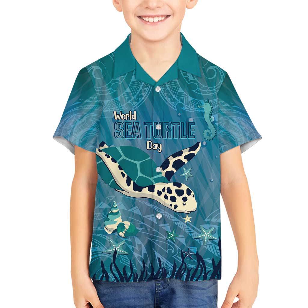 World Sea Turtle Day Polynesia Family Matching Off Shoulder Maxi Dress and Hawaiian Shirt Go With The Flow LT14 Son's Shirt Cyan - Polynesian Pride