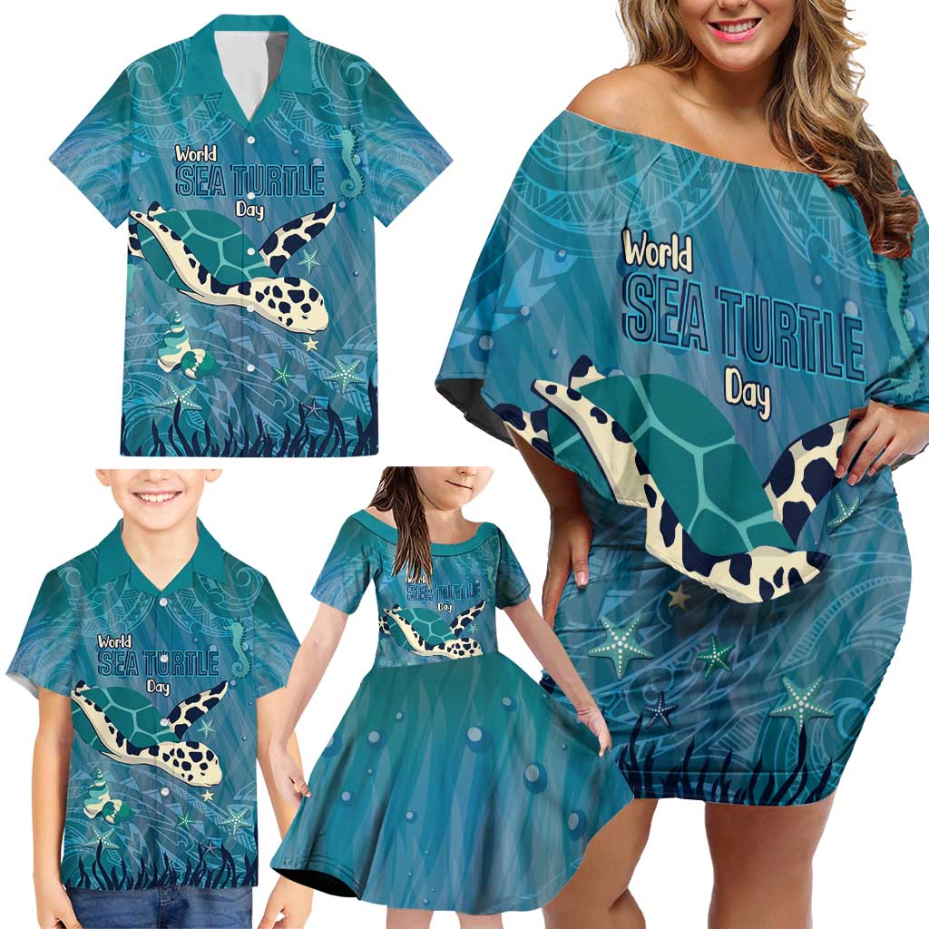 World Sea Turtle Day Polynesia Family Matching Off Shoulder Short Dress and Hawaiian Shirt Go With The Flow LT14 - Polynesian Pride