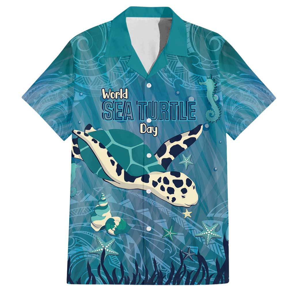 World Sea Turtle Day Polynesia Family Matching Off Shoulder Short Dress and Hawaiian Shirt Go With The Flow LT14 Dad's Shirt - Short Sleeve Cyan - Polynesian Pride