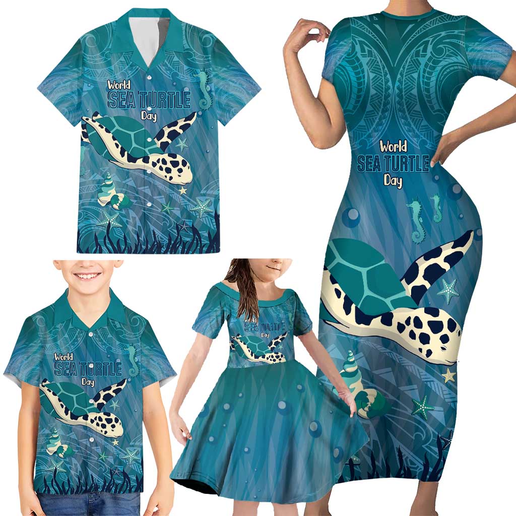 World Sea Turtle Day Polynesia Family Matching Short Sleeve Bodycon Dress and Hawaiian Shirt Go With The Flow LT14 - Polynesian Pride