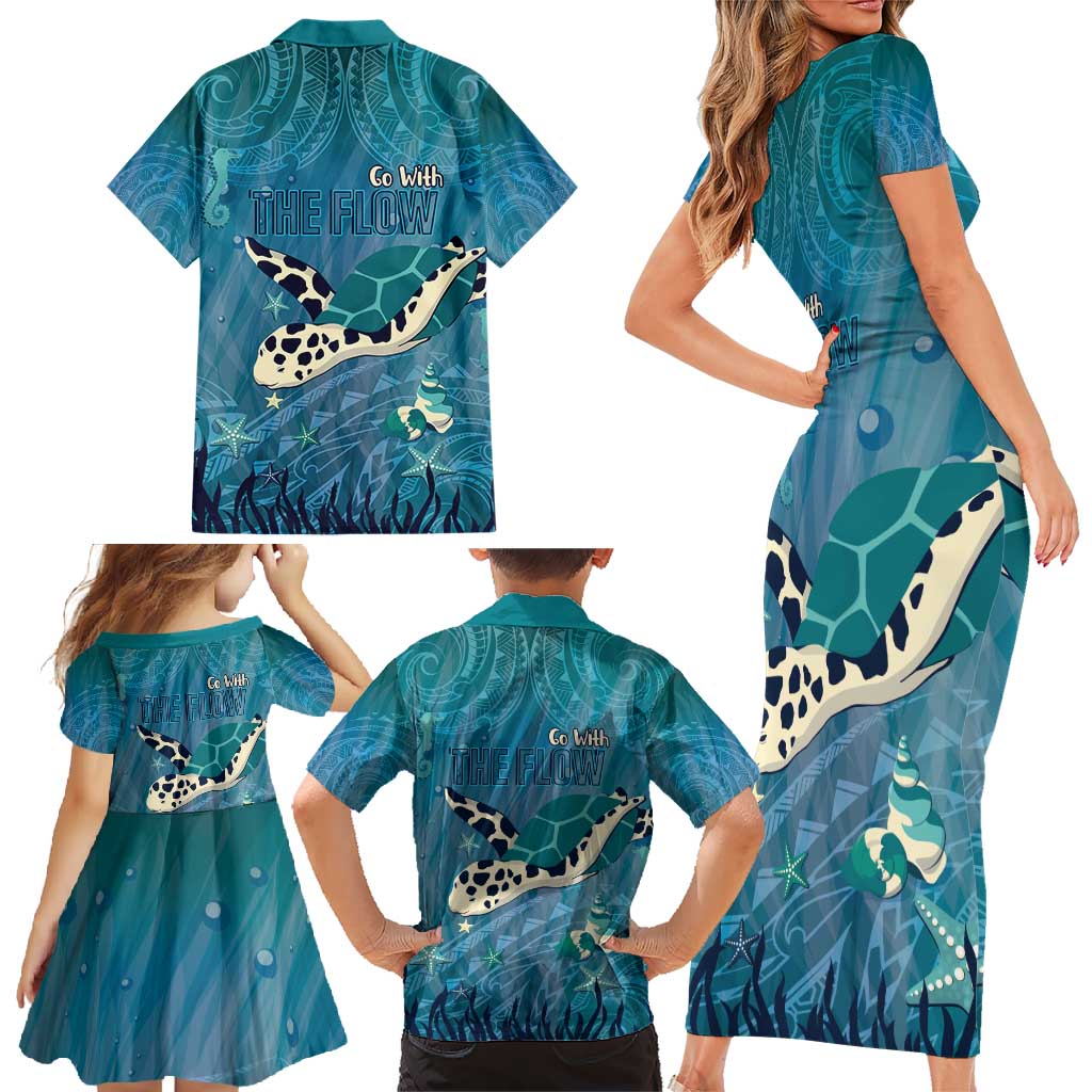 World Sea Turtle Day Polynesia Family Matching Short Sleeve Bodycon Dress and Hawaiian Shirt Go With The Flow LT14 - Polynesian Pride