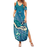 World Sea Turtle Day Polynesia Family Matching Summer Maxi Dress and Hawaiian Shirt Go With The Flow LT14 Mom's Dress Cyan - Polynesian Pride