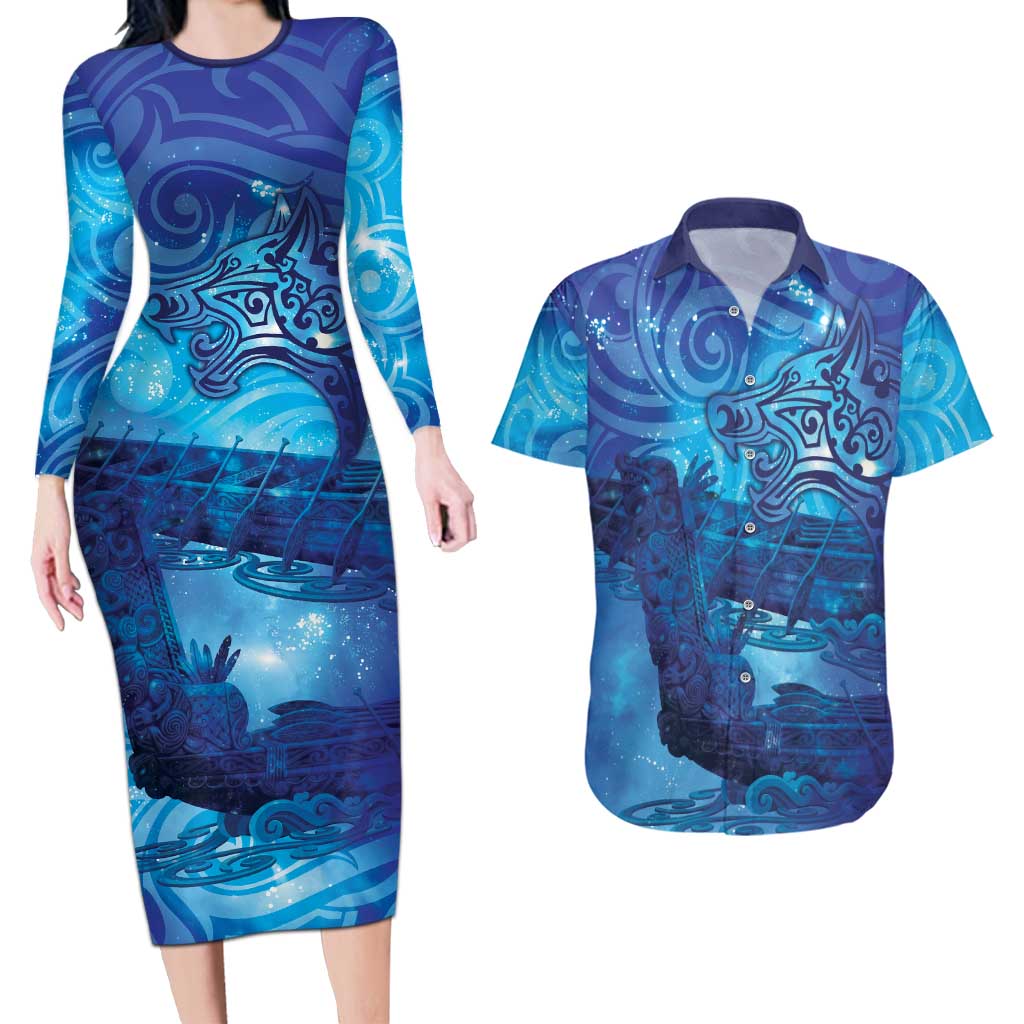Kuri New Zealand Matariki Couples Matching Long Sleeve Bodycon Dress and Hawaiian Shirt Aotearoa Dog Waka Maori New Year Galaxy Vibes