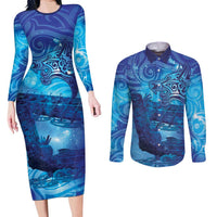 Kuri New Zealand Matariki Couples Matching Long Sleeve Bodycon Dress and Long Sleeve Button Shirt Aotearoa Dog Waka Maori New Year Galaxy Vibes LT14 Blue - Polynesian Pride
