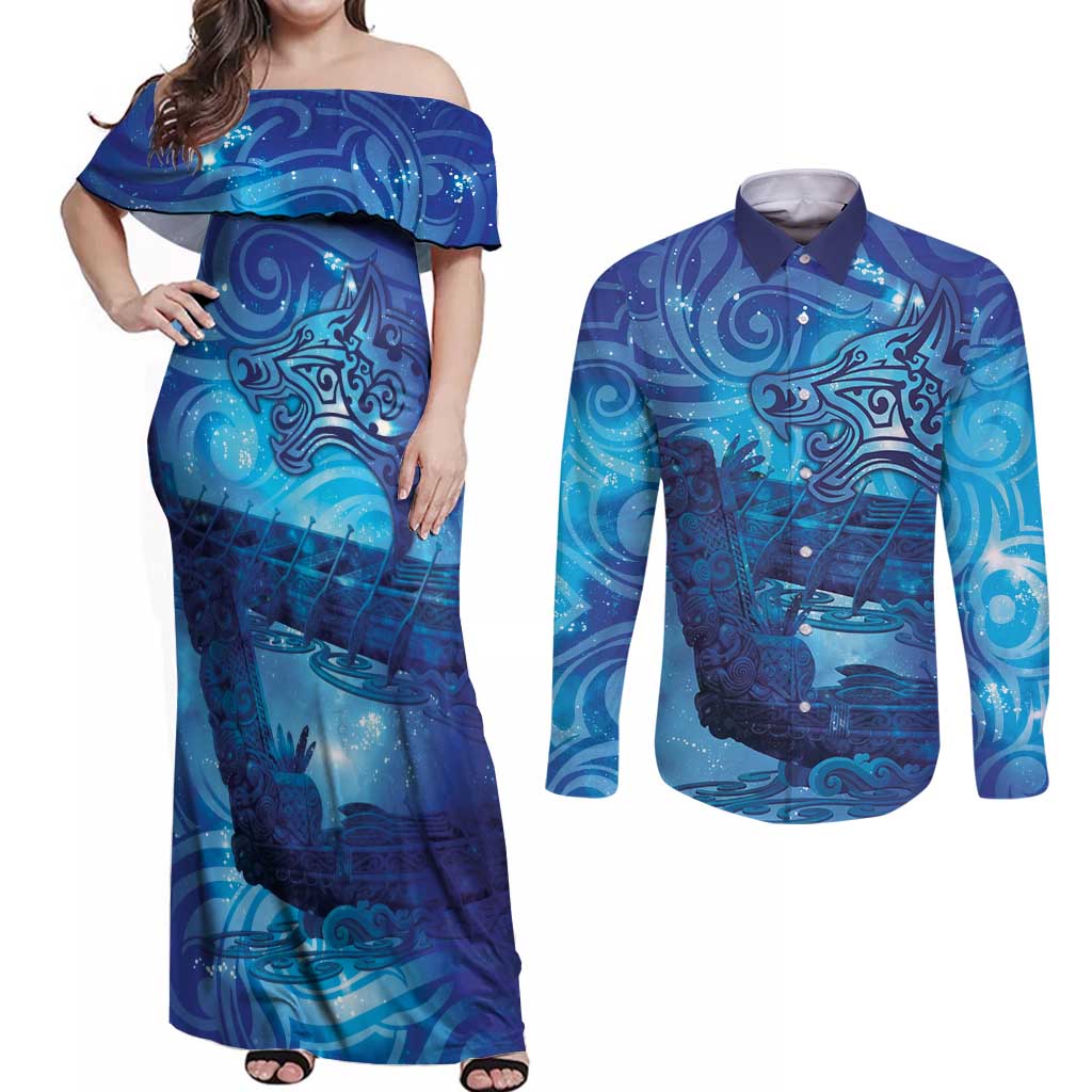 Kuri New Zealand Matariki Couples Matching Off Shoulder Maxi Dress and Long Sleeve Button Shirt Aotearoa Dog Waka Maori New Year Galaxy Vibes LT14 Blue - Polynesian Pride