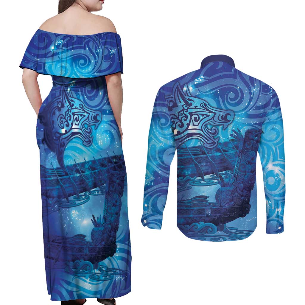 Kuri New Zealand Matariki Couples Matching Off Shoulder Maxi Dress and Long Sleeve Button Shirt Aotearoa Dog Waka Maori New Year Galaxy Vibes LT14 - Polynesian Pride