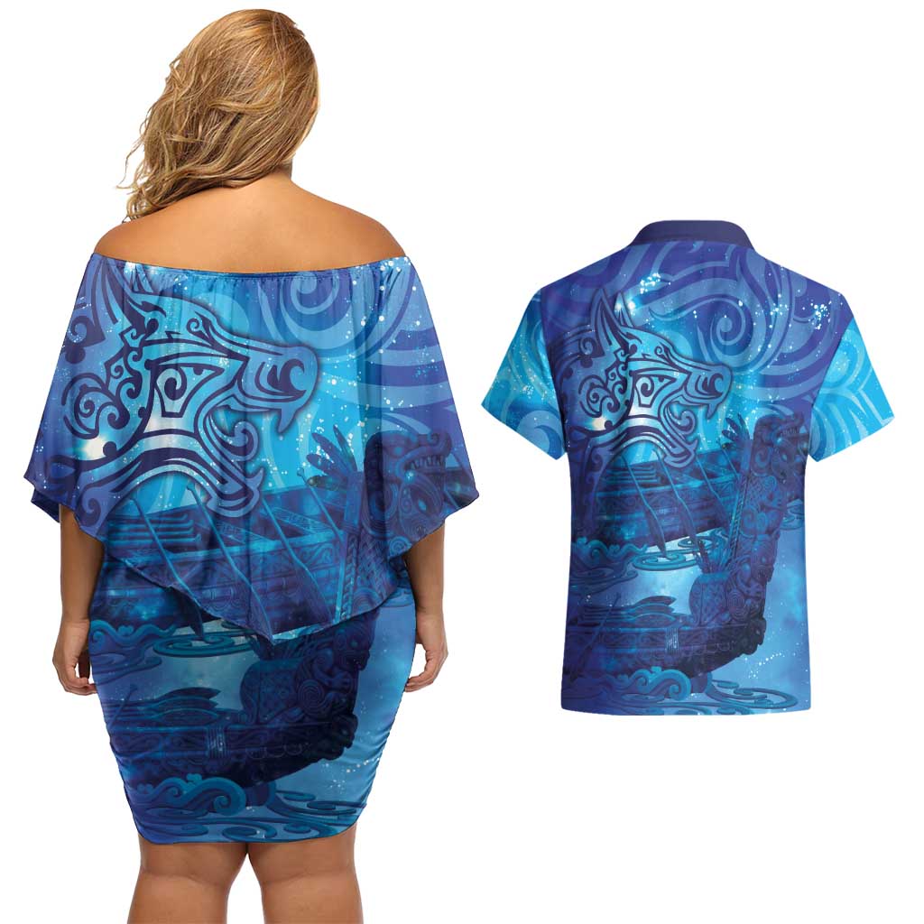 Kuri New Zealand Matariki Couples Matching Off Shoulder Short Dress and Hawaiian Shirt Aotearoa Dog Waka Maori New Year Galaxy Vibes LT14 - Polynesian Pride