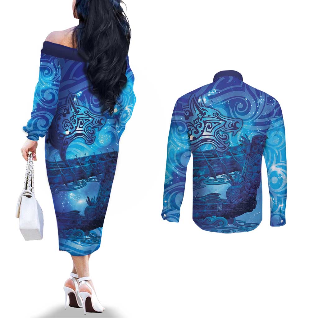 Kuri New Zealand Matariki Couples Matching Off The Shoulder Long Sleeve Dress and Long Sleeve Button Shirt Aotearoa Dog Waka Maori New Year Galaxy Vibes LT14 - Polynesian Pride