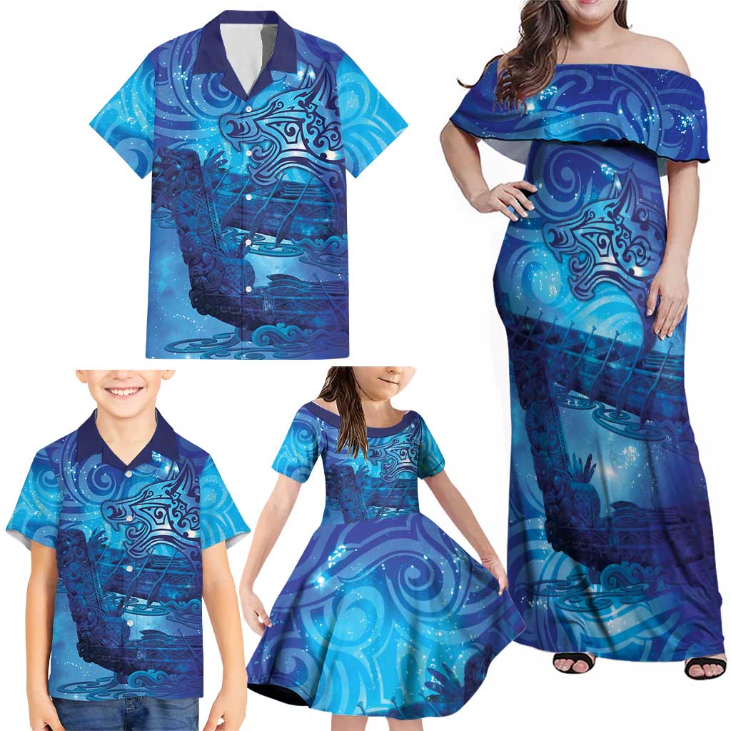 Kuri New Zealand Matariki Family Matching Off Shoulder Maxi Dress and Hawaiian Shirt Aotearoa Dog Waka Maori New Year Galaxy Vibes