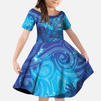 Kuri New Zealand Matariki Family Matching Puletasi and Hawaiian Shirt Aotearoa Dog Waka Maori New Year Galaxy Vibes LT14 Daughter's Dress Blue - Polynesian Pride