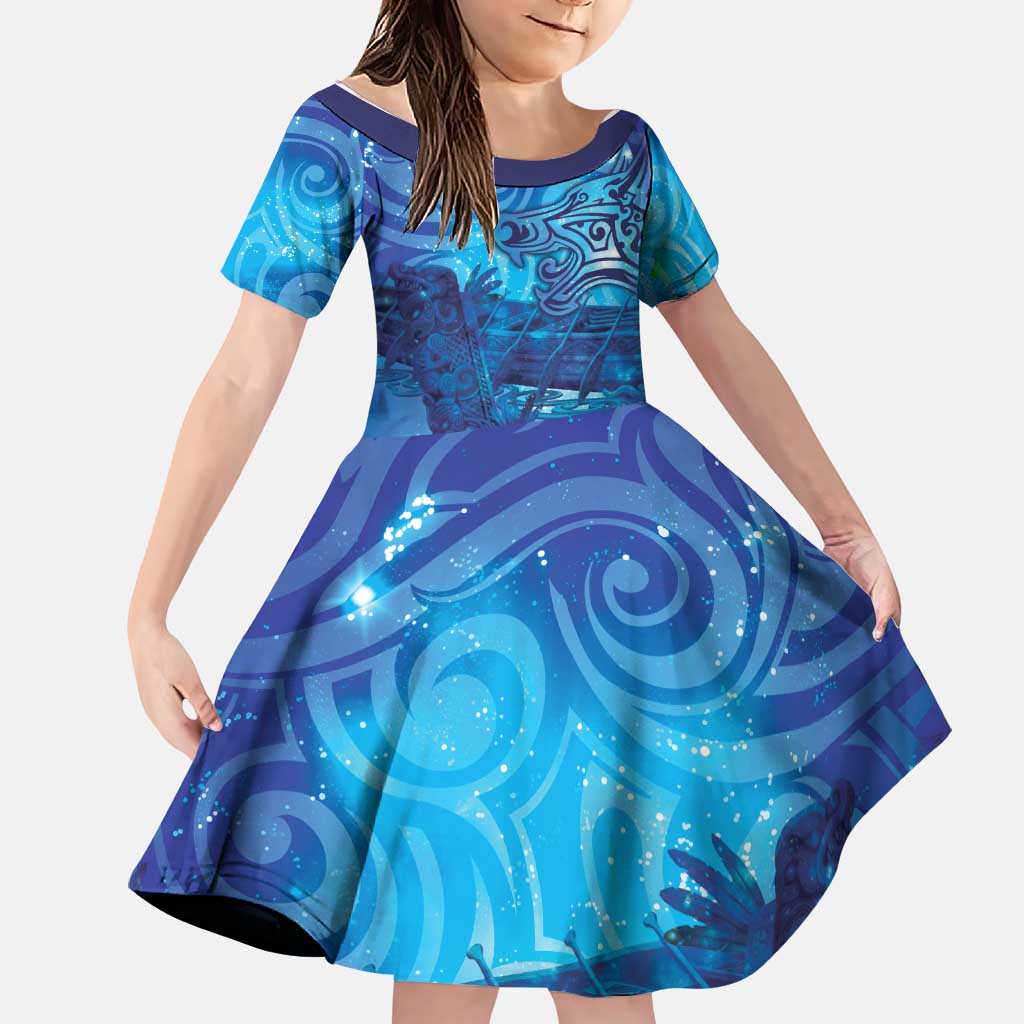 Kuri New Zealand Matariki Family Matching Tank Maxi Dress and Hawaiian Shirt Aotearoa Dog Waka Maori New Year Galaxy Vibes LT14 Daughter's Dress Blue - Polynesian Pride