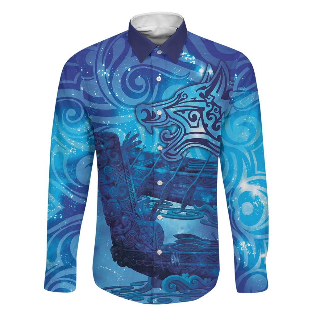 Kuri New Zealand Matariki Family Matching Tank Maxi Dress and Hawaiian Shirt Aotearoa Dog Waka Maori New Year Galaxy Vibes LT14 Dad's Shirt - Long Sleeve Blue - Polynesian Pride