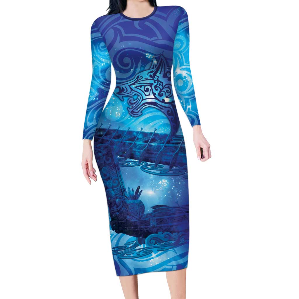 Kuri New Zealand Matariki Long Sleeve Bodycon Dress Aotearoa Dog Waka Maori New Year Galaxy Vibes
