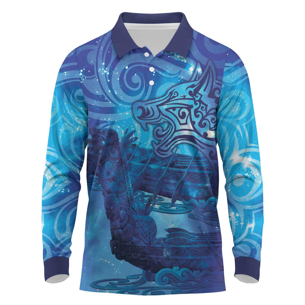 Kuri New Zealand Matariki Long Sleeve Polo Shirt Aotearoa Dog Waka Maori New Year Galaxy Vibes LT14 Blue - Polynesian Pride