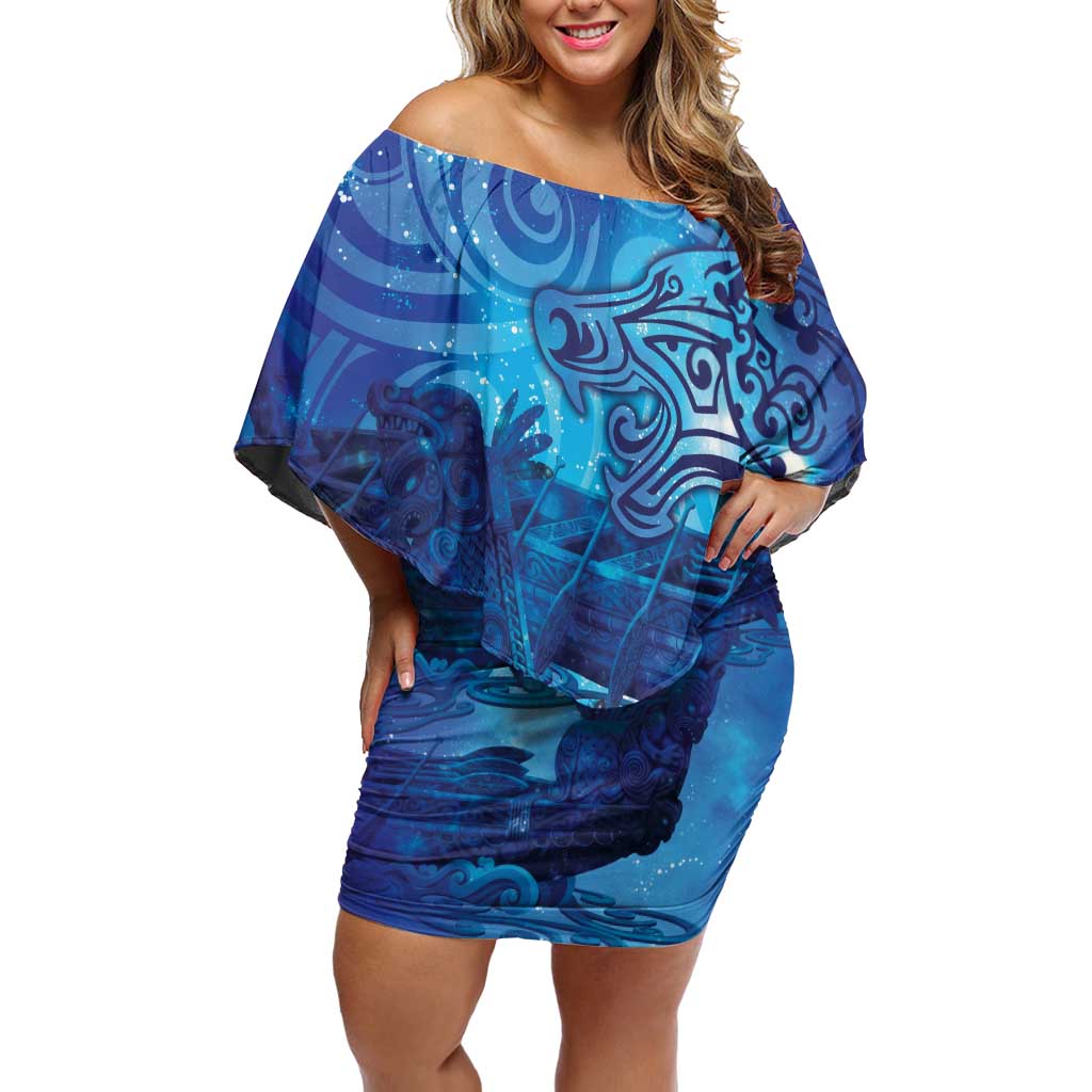Kuri New Zealand Matariki Off Shoulder Short Dress Aotearoa Dog Waka Maori New Year Galaxy Vibes LT14 Women Blue - Polynesian Pride