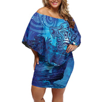 Kuri New Zealand Matariki Off Shoulder Short Dress Aotearoa Dog Waka Maori New Year Galaxy Vibes LT14 Women Blue - Polynesian Pride