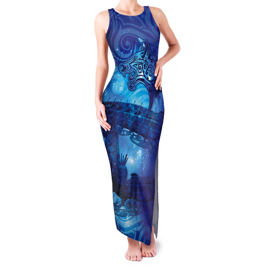 Kuri New Zealand Matariki Tank Maxi Dress Aotearoa Dog Waka Maori New Year Galaxy Vibes LT14 Women Blue - Polynesian Pride