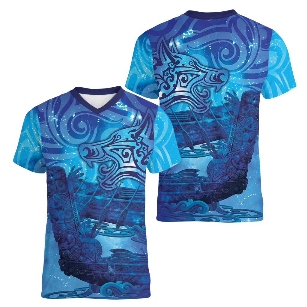 Kuri New Zealand Matariki Women V-Neck T-Shirt Aotearoa Dog Waka Maori New Year Galaxy Vibes LT14 - Polynesian Pride