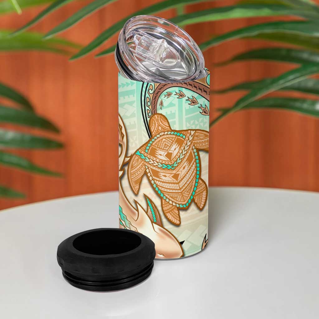 Hawaii 4 in 1 Can Cooler Tumbler Polynesian Shark and Sea Turtle Dreamy Turquoise Artsy LT14 - Polynesian Pride