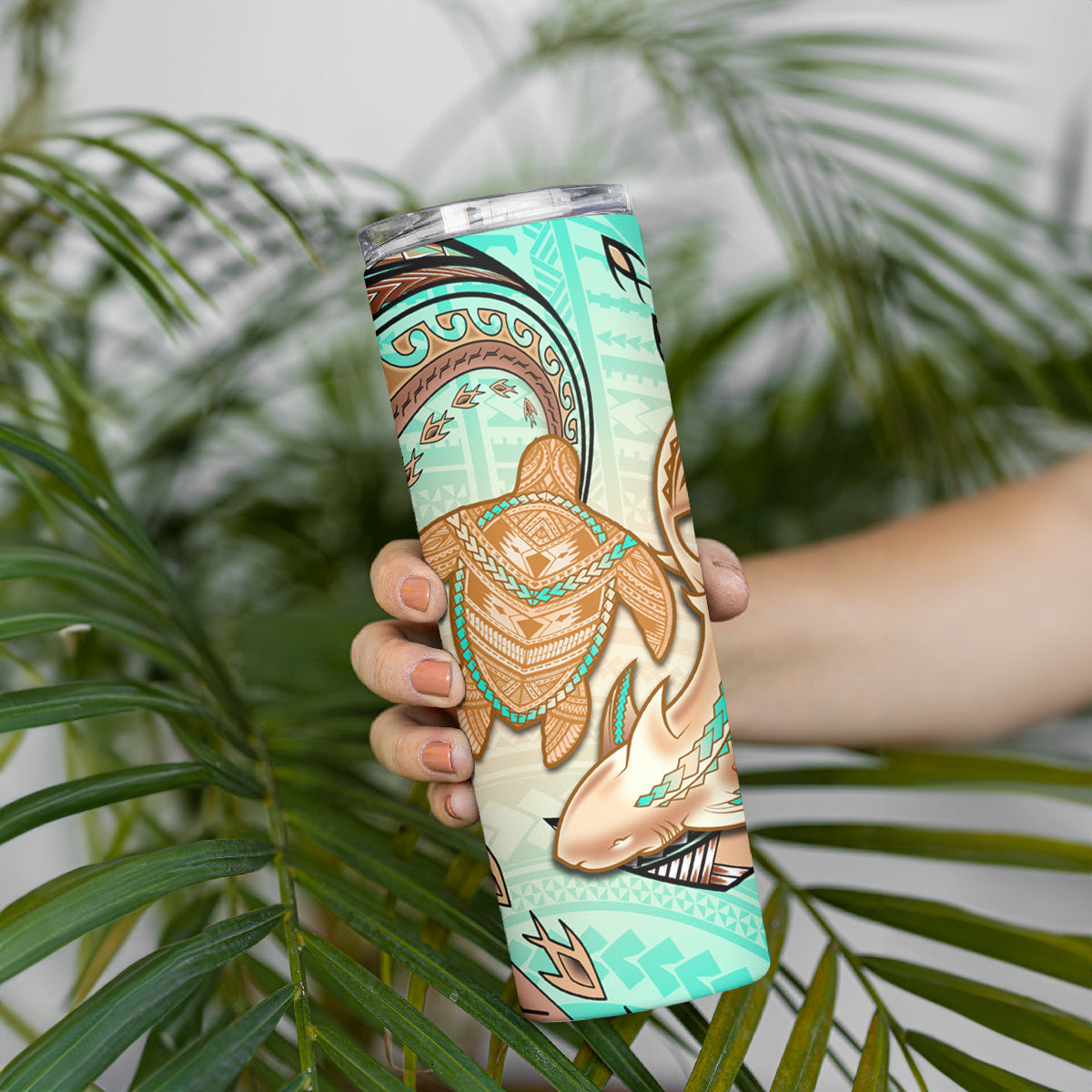 Hawaii Skinny Tumbler Polynesian Shark and Sea Turtle Dreamy Turquoise Artsy LT14 - Polynesian Pride