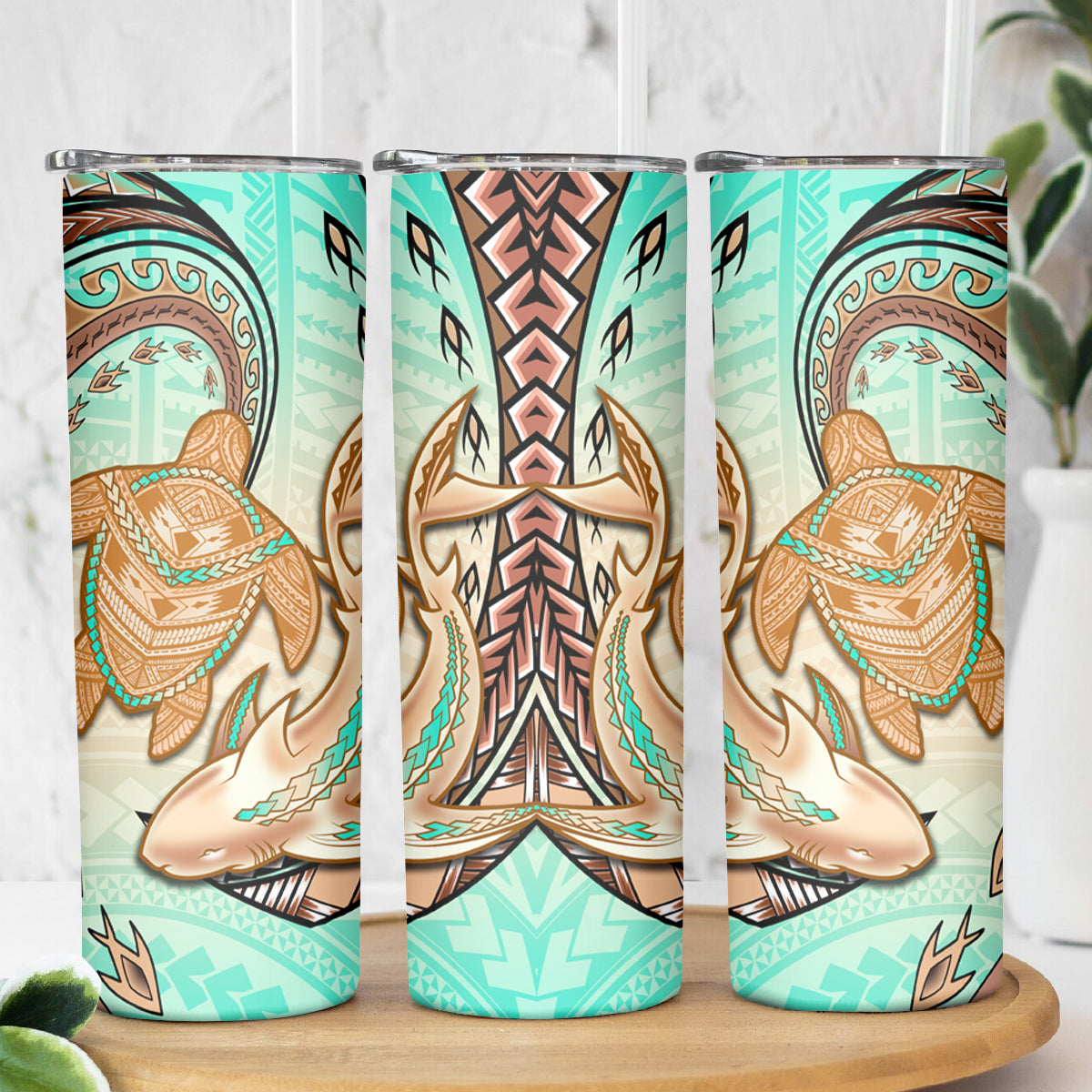 Hawaii Skinny Tumbler Polynesian Shark and Sea Turtle Dreamy Turquoise Artsy LT14 - Polynesian Pride