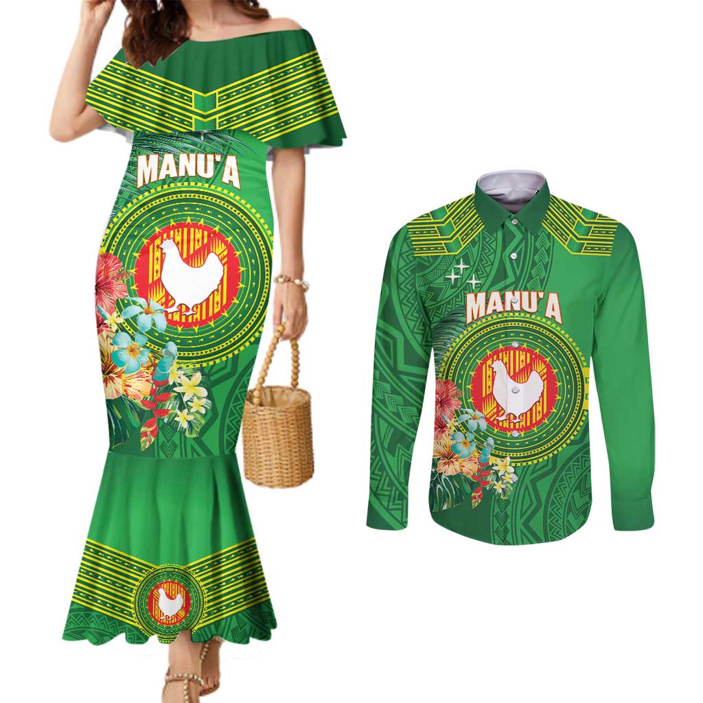 Personalized Manu'a Cession Day Couples Matching Mermaid Dress and Long Sleeve Button Shirt Tropical Flowers With Polynesian Pattern LT14 Green - Polynesian Pride