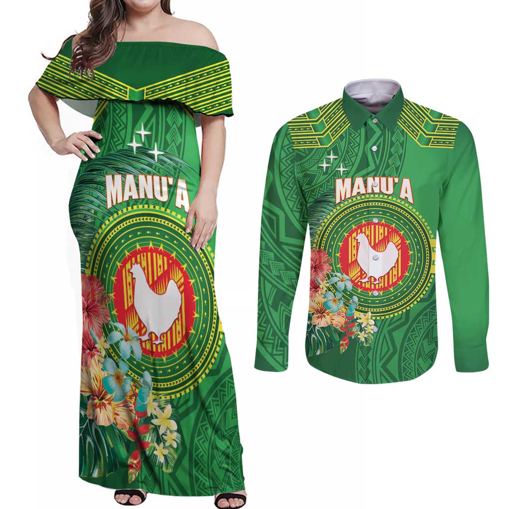 Personalized Manu'a Cession Day Couples Matching Off Shoulder Maxi Dress and Long Sleeve Button Shirt Tropical Flowers With Polynesian Pattern
