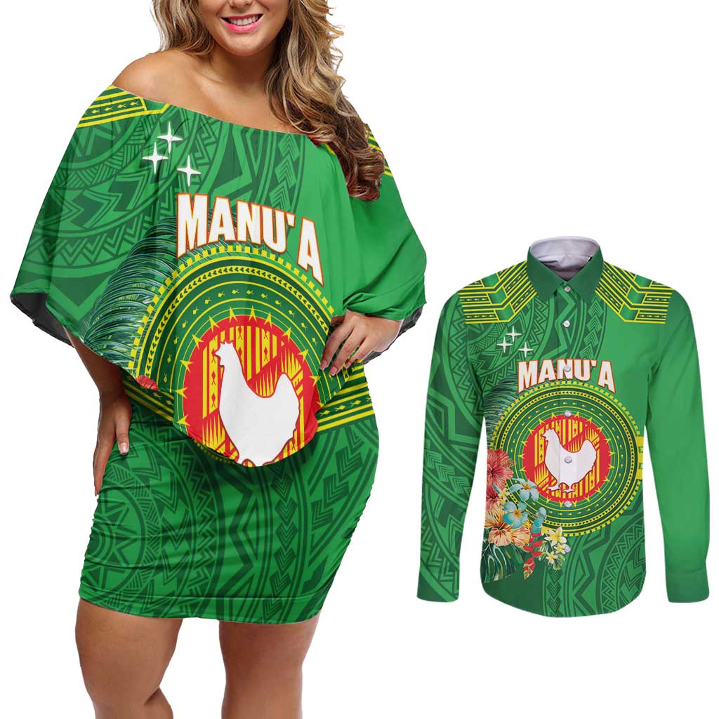 Personalized Manu'a Cession Day Couples Matching Off Shoulder Short Dress and Long Sleeve Button Shirt Tropical Flowers With Polynesian Pattern LT14 Green - Polynesian Pride