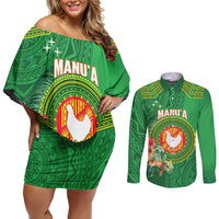 Personalized Manu'a Cession Day Couples Matching Off Shoulder Short Dress and Long Sleeve Button Shirt Tropical Flowers With Polynesian Pattern LT14 Green - Polynesian Pride