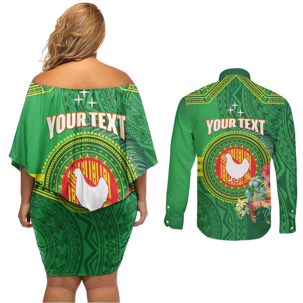 Personalized Manu'a Cession Day Couples Matching Off Shoulder Short Dress and Long Sleeve Button Shirt Tropical Flowers With Polynesian Pattern LT14 - Polynesian Pride