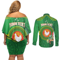 Personalized Manu'a Cession Day Couples Matching Off Shoulder Short Dress and Long Sleeve Button Shirt Tropical Flowers With Polynesian Pattern LT14 - Polynesian Pride