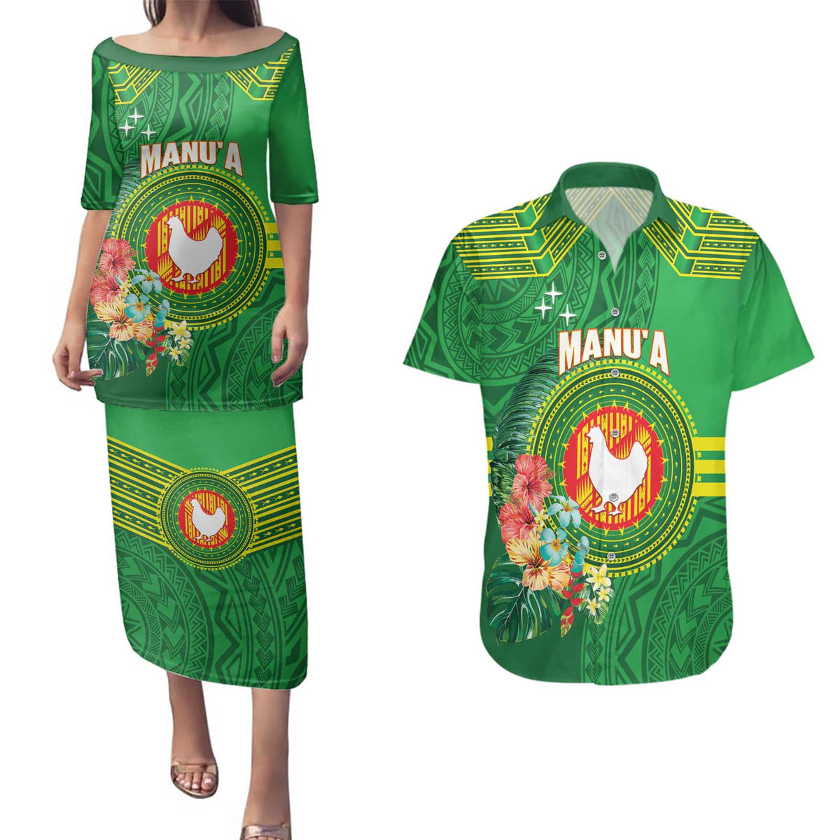 Personalized Manu'a Cession Day Couples Matching Puletasi and Hawaiian Shirt Tropical Flowers With Polynesian Pattern