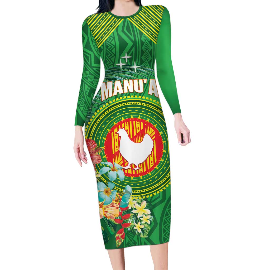 Personalized Manu'a Cession Day Family Matching Long Sleeve Bodycon Dress and Hawaiian Shirt Tropical Flowers With Polynesian Pattern LT14 Mom's Dress Green - Polynesian Pride