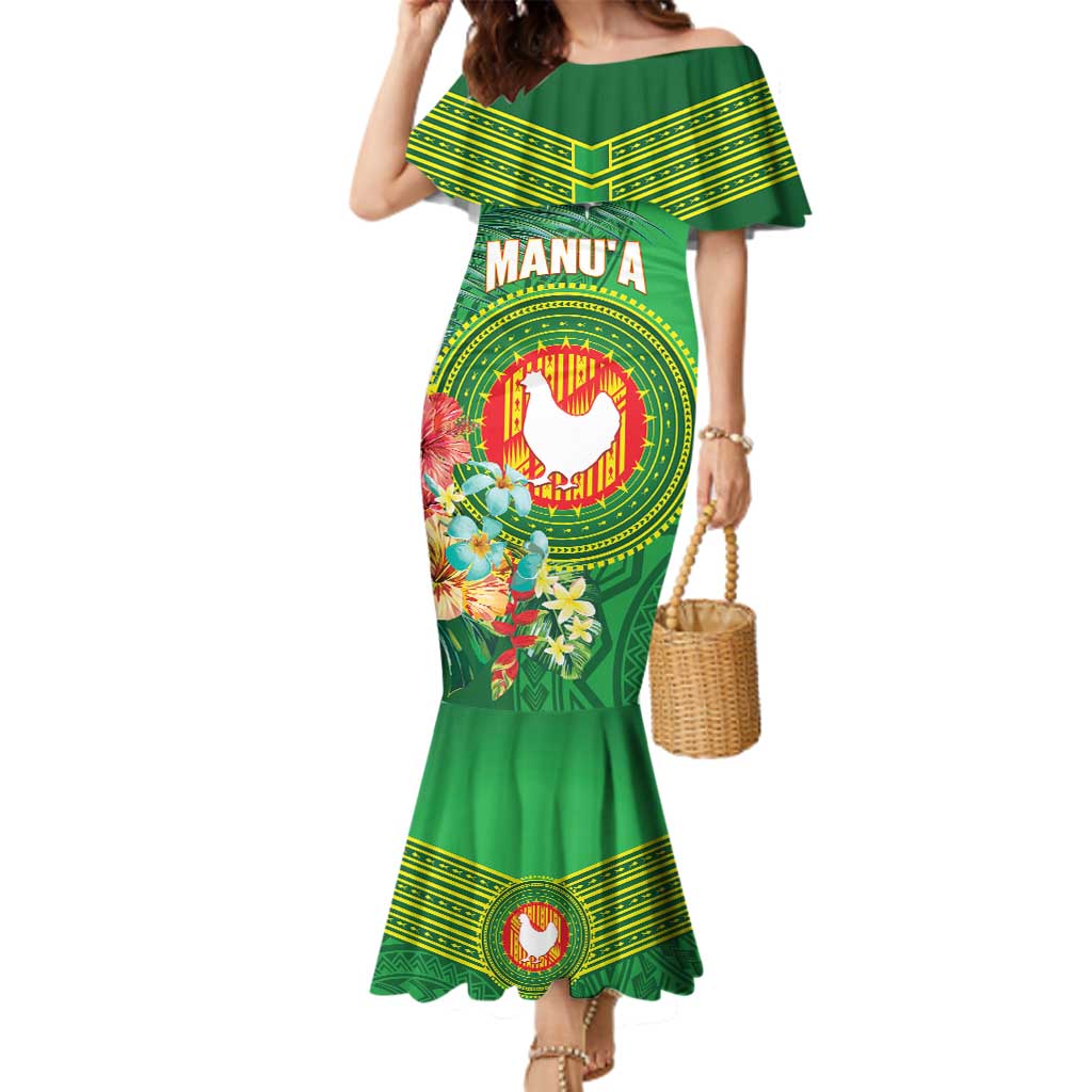 Personalized Manu'a Cession Day Family Matching Mermaid Dress and Hawaiian Shirt Tropical Flowers With Polynesian Pattern LT14 Mom's Dress Green - Polynesian Pride