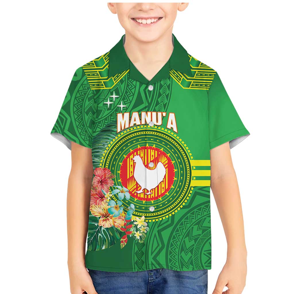 Personalized Manu'a Cession Day Family Matching Mermaid Dress and Hawaiian Shirt Tropical Flowers With Polynesian Pattern LT14 Son's Shirt Green - Polynesian Pride