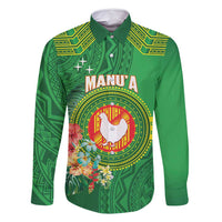 Personalized Manu'a Cession Day Family Matching Off Shoulder Short Dress and Hawaiian Shirt Tropical Flowers With Polynesian Pattern LT14 Dad's Shirt - Long Sleeve Green - Polynesian Pride