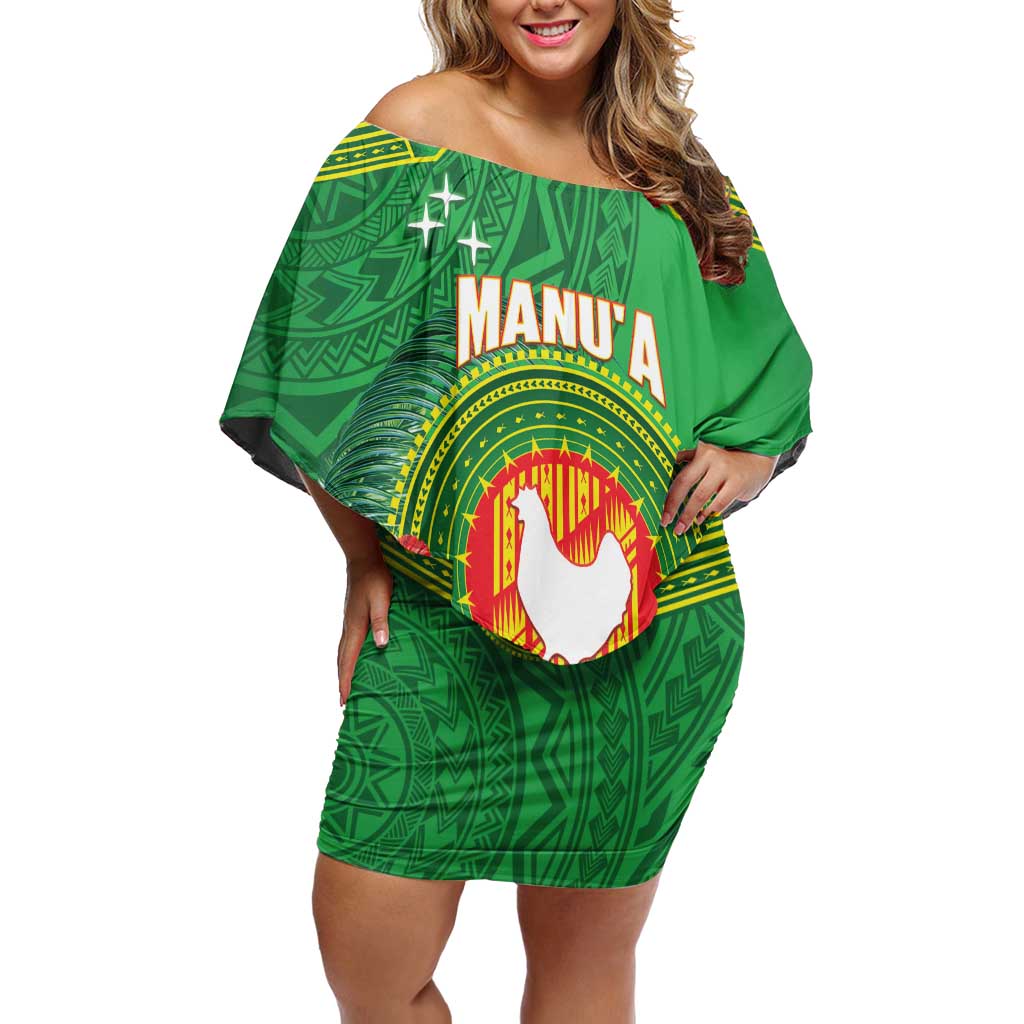 Personalized Manu'a Cession Day Family Matching Off Shoulder Short Dress and Hawaiian Shirt Tropical Flowers With Polynesian Pattern LT14 Mom's Dress Green - Polynesian Pride