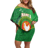 Personalized Manu'a Cession Day Family Matching Off Shoulder Short Dress and Hawaiian Shirt Tropical Flowers With Polynesian Pattern LT14 Mom's Dress Green - Polynesian Pride
