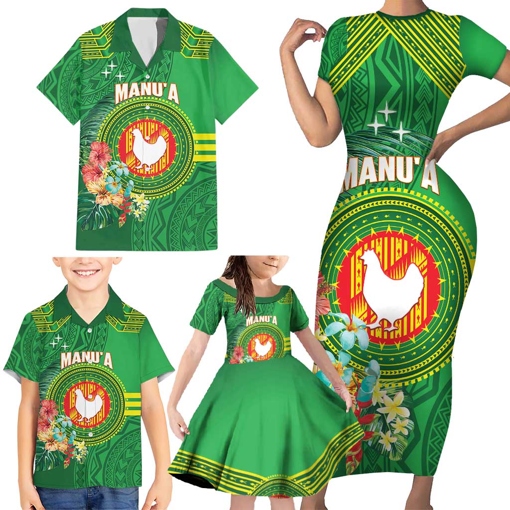 Personalized Manu'a Cession Day Family Matching Short Sleeve Bodycon Dress and Hawaiian Shirt Tropical Flowers With Polynesian Pattern LT14 - Polynesian Pride