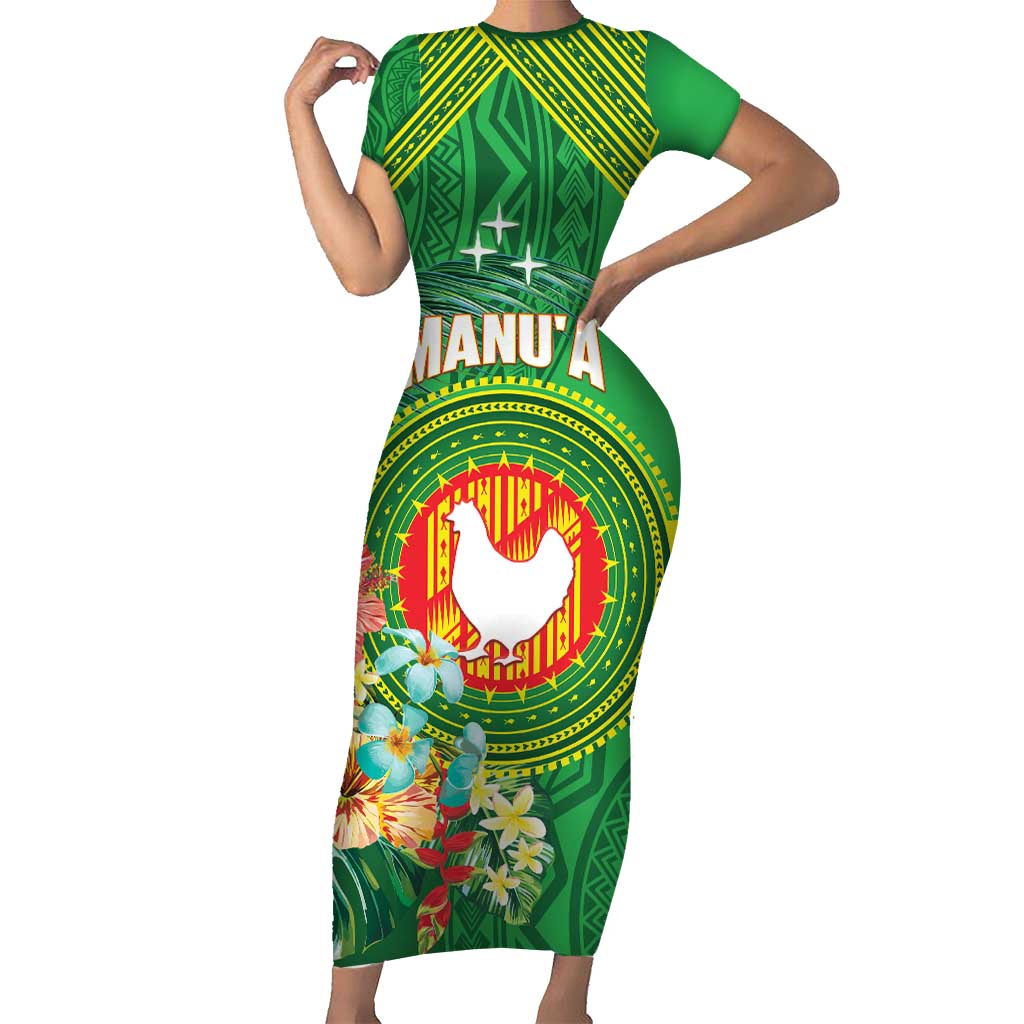 Personalized Manu'a Cession Day Family Matching Short Sleeve Bodycon Dress and Hawaiian Shirt Tropical Flowers With Polynesian Pattern LT14 Mom's Dress Green - Polynesian Pride