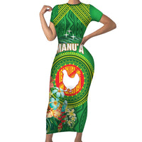Personalized Manu'a Cession Day Family Matching Short Sleeve Bodycon Dress and Hawaiian Shirt Tropical Flowers With Polynesian Pattern LT14 Mom's Dress Green - Polynesian Pride