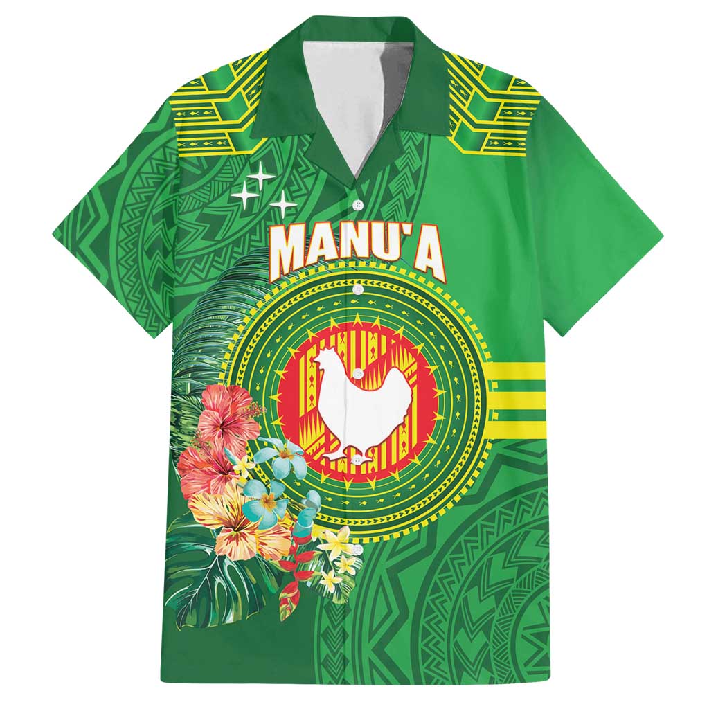Personalized Manu'a Cession Day Family Matching Summer Maxi Dress and Hawaiian Shirt Tropical Flowers With Polynesian Pattern LT14 Dad's Shirt - Short Sleeve Green - Polynesian Pride