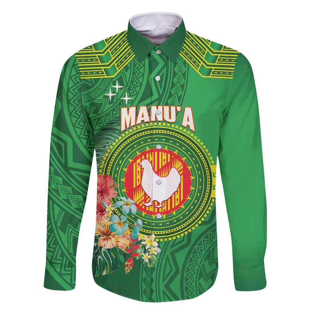Personalized Manu'a Cession Day Family Matching Summer Maxi Dress and Hawaiian Shirt Tropical Flowers With Polynesian Pattern LT14 Dad's Shirt - Long Sleeve Green - Polynesian Pride