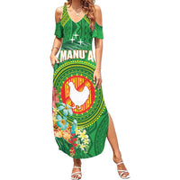 Personalized Manu'a Cession Day Family Matching Summer Maxi Dress and Hawaiian Shirt Tropical Flowers With Polynesian Pattern LT14 Mom's Dress Green - Polynesian Pride