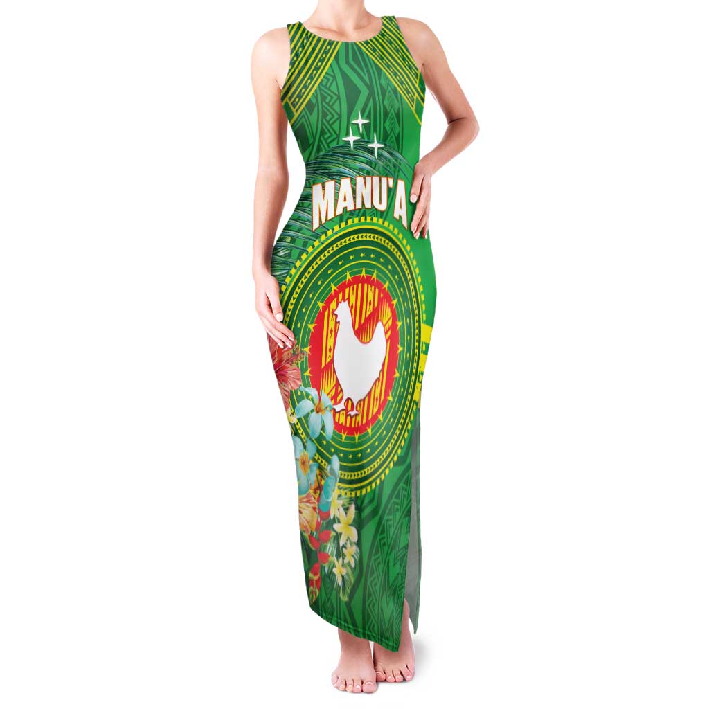 Personalized Manu'a Cession Day Family Matching Tank Maxi Dress and Hawaiian Shirt Tropical Flowers With Polynesian Pattern LT14 Mom's Dress Green - Polynesian Pride