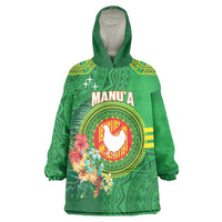 Personalized Manu'a Cession Day Wearable Blanket Hoodie Tropical Flowers With Polynesian Pattern LT14 One Size Green - Polynesian Pride
